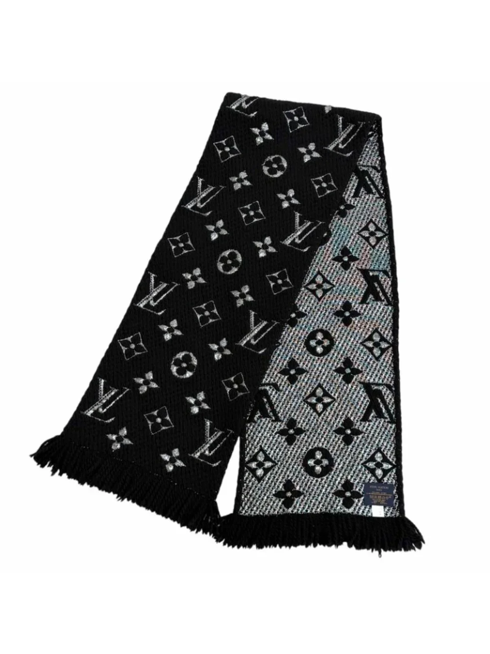 Louis Vuitton Logomania Scarf Shine Wool Silk Blend Black Silver